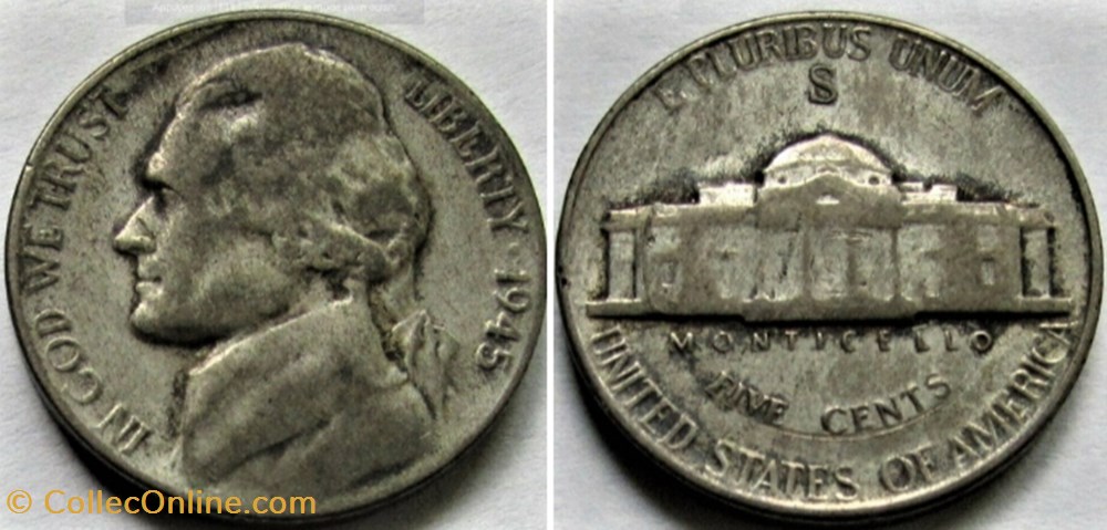 1945 Five Cents S. Francisco ("Jefferson Wartime Nickel") (ex.2) monnaies monde etats unis 1945 five cents s francisco jefferson wartime nickel ex 2