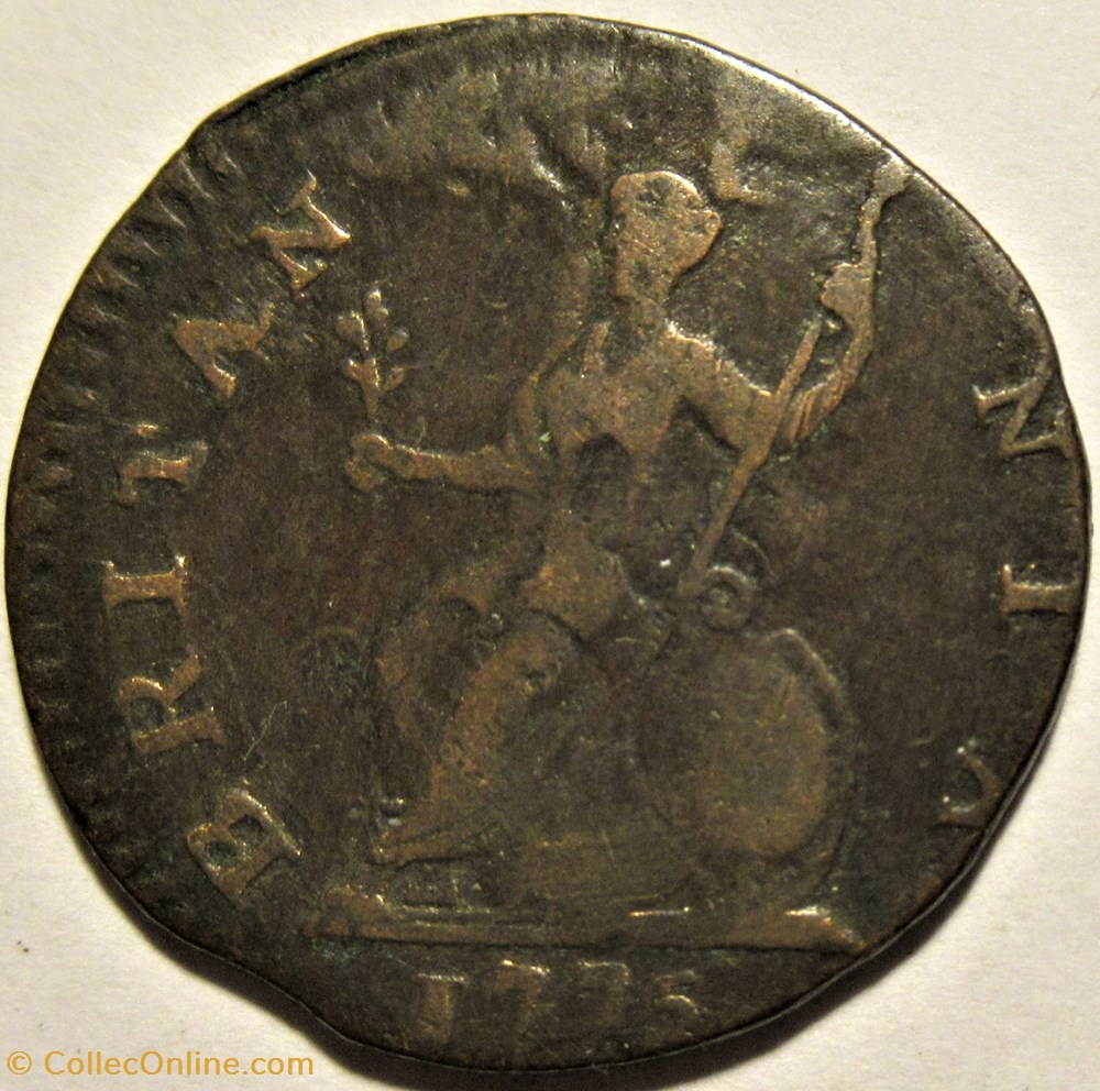 1775 Farthing - No Regal - George III of Great Britain (ex.3) monnaies monde etats unis 1775 farthing no regal george iii of great britain ex 3