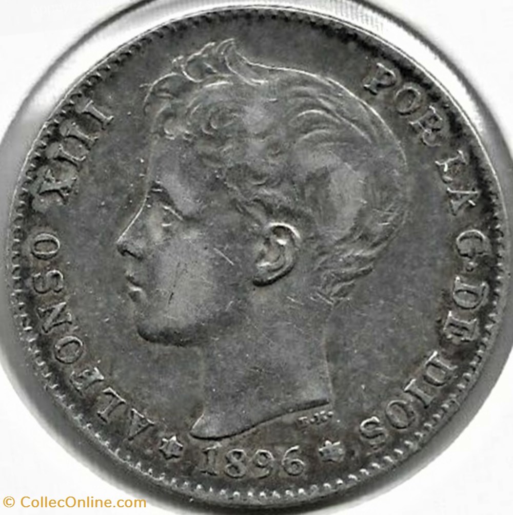 1896 - Peseta - Alfonso XIII de España 2 monnaies monde espagne 1896 peseta alfonso xiii de espana