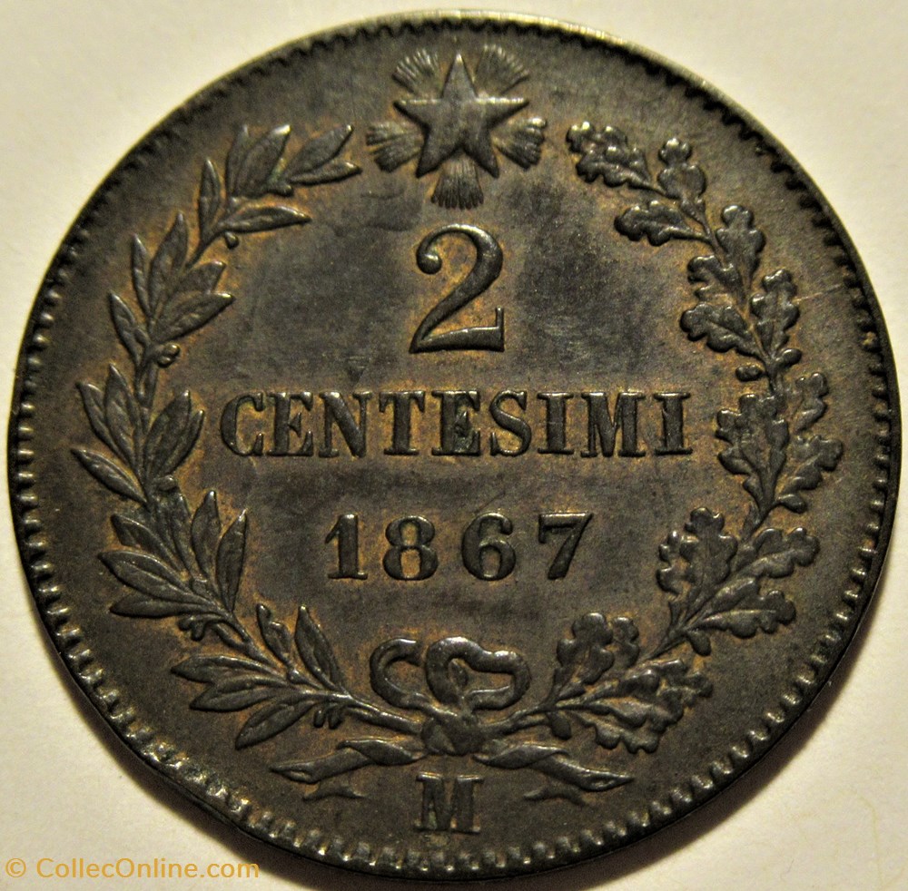 1867 Royaume d'Italie, 2 Centesimi, Milano - Vittorio Emanuele II (ex.3) Error 3 monnaies monde 1867 royaume italie 2 centesimi milano vittorio emanuele ii ex 3 error