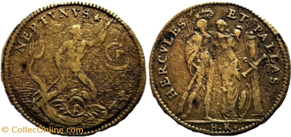 Henri III ou IV - Neptune, Hercule et Pallas en goguette - Jeton de Nuremberg (XVIIe) monnaies paranumismatique jetons poids henri iii ou iv neptune hercule et pallas en goguette jeton de nuremberg xviie