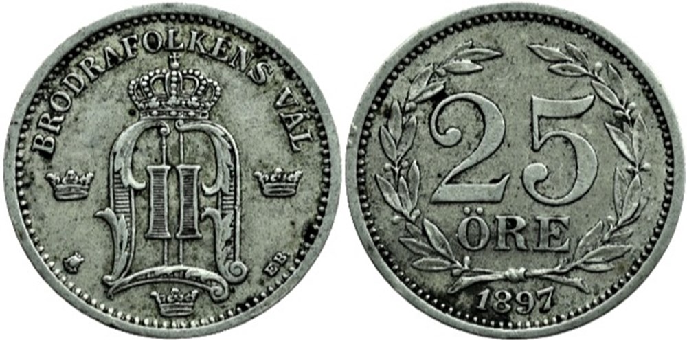 Sweden - Oskar II - 25 Öre 1897 monnaies monde suede sweden oskar ii 25 ore 1897