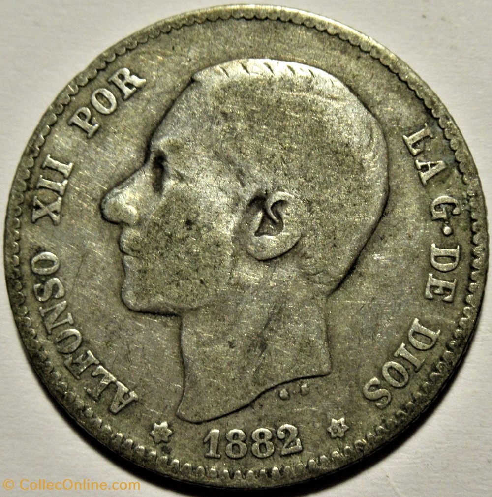 1882 - 1 Peseta - Alfonso XII de España 2 monnaies monde espagne 1882 1 peseta alfonso xii de espana