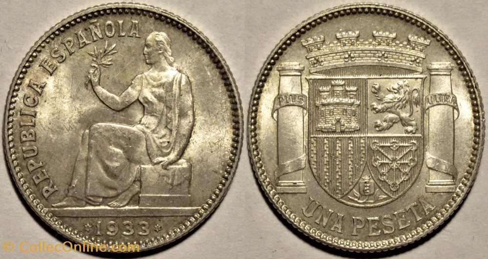 1933- Una Peseta - Second Republic of Spain (ex.2) monnaies monde espagne 1933 una peseta second republic of spain ex 2
