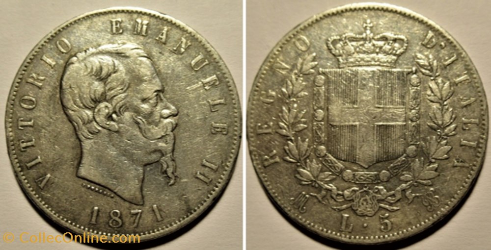 1871 Regno d'Italia - 5 Lire, Milano- Vittorio Emanuele II (ex.2) monnaies monde italie 1871 regno italia 5 lire milano vittorio emanuele ii ex 2