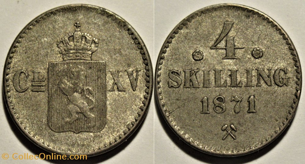Norway - Carl XV of Sweden - 4 Skilling 1871 monnaies monde norvege norway carl xv of sweden 4 skilling 1871