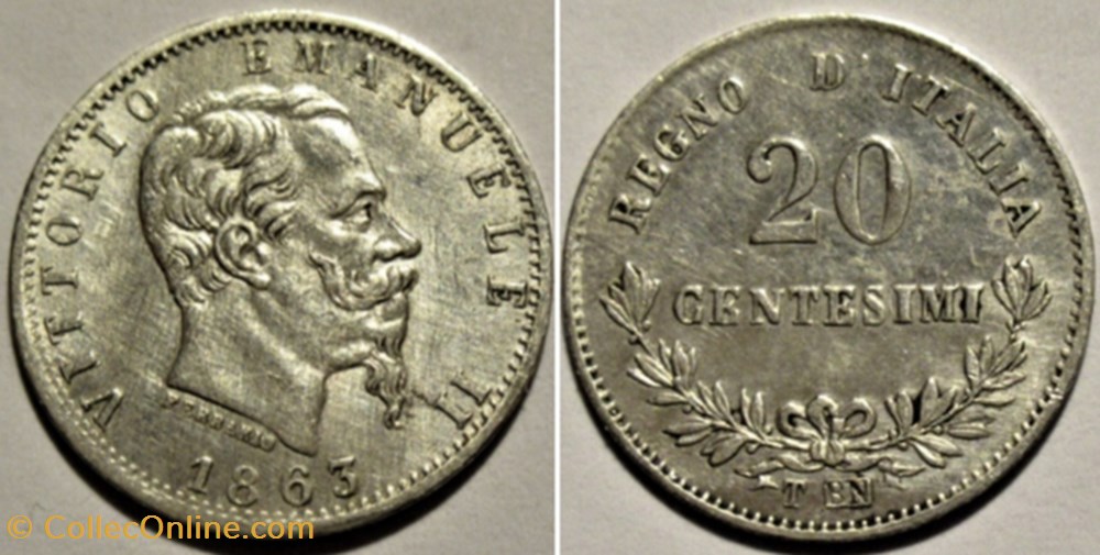 1863 Royaume d'Italie, 20 Centesimi, Torino - Vittorio Emanuele II (ex.2) monnaies monde 1863 royaume italie 20 centesimi torino vittorio emanuele ii ex 2