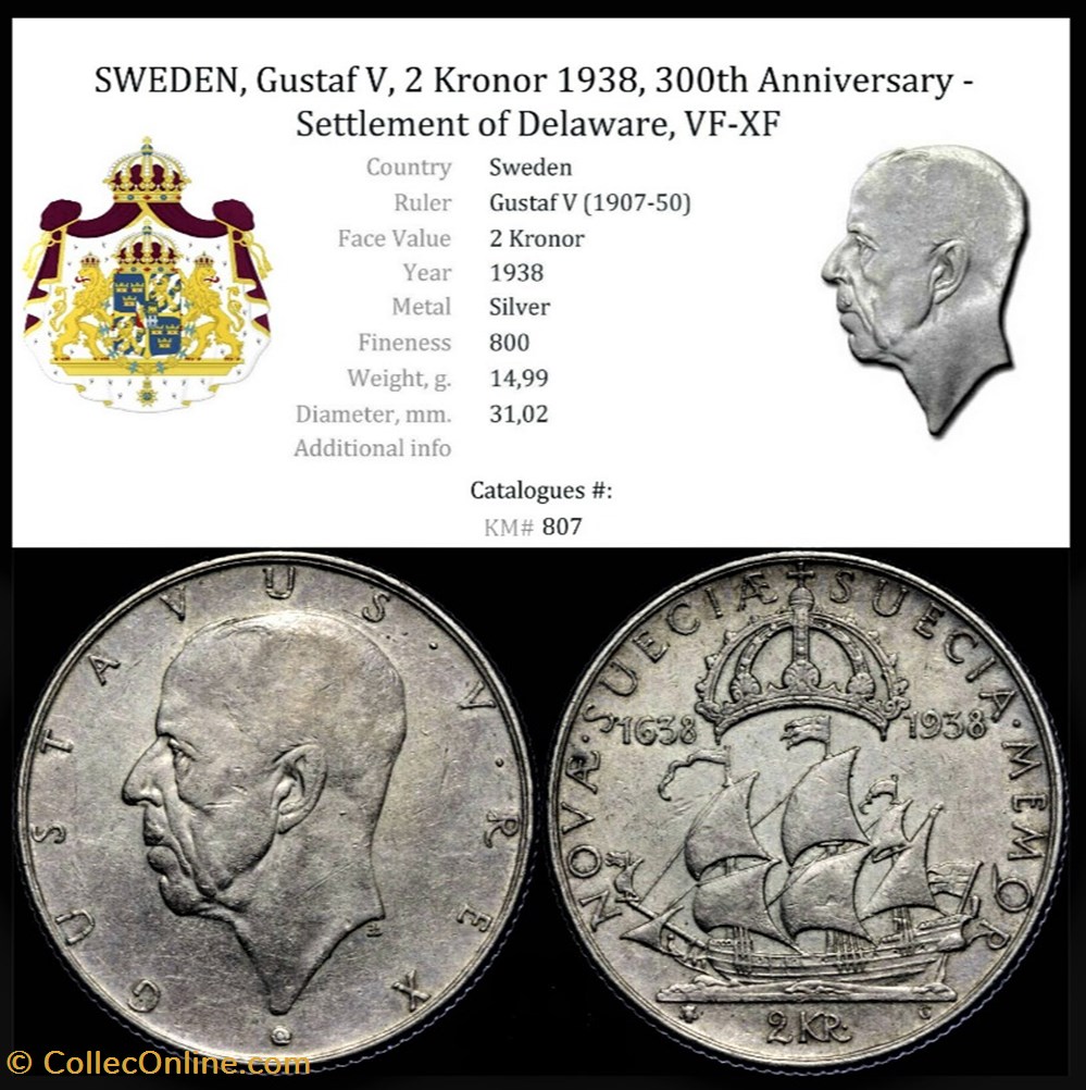 monnaies monde suede gustaf v of sweden 2 kronor 1638 1938 settlement of new sweden
