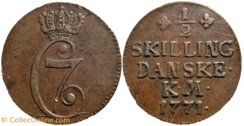 Christian VII - 1/2 Skilling Dansk 1771 monnaies monde danemark christian vii 1 2 skilling dansk 1771