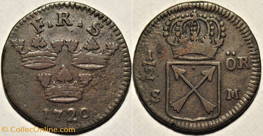 Sweden, King Fredrik I - 1/2 Öre 1720 monnaies europe medievale a royaume suede sweden king fredrik i 1 2 ore 1720