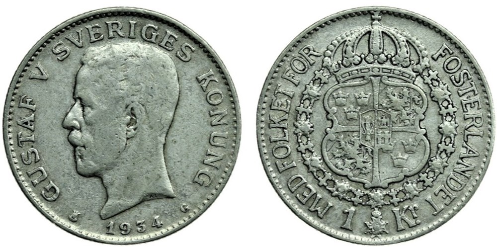 Gustaf V of Sweden - 1 Krona 1934 monnaies monde suede gustaf v of sweden 1 krona 1934