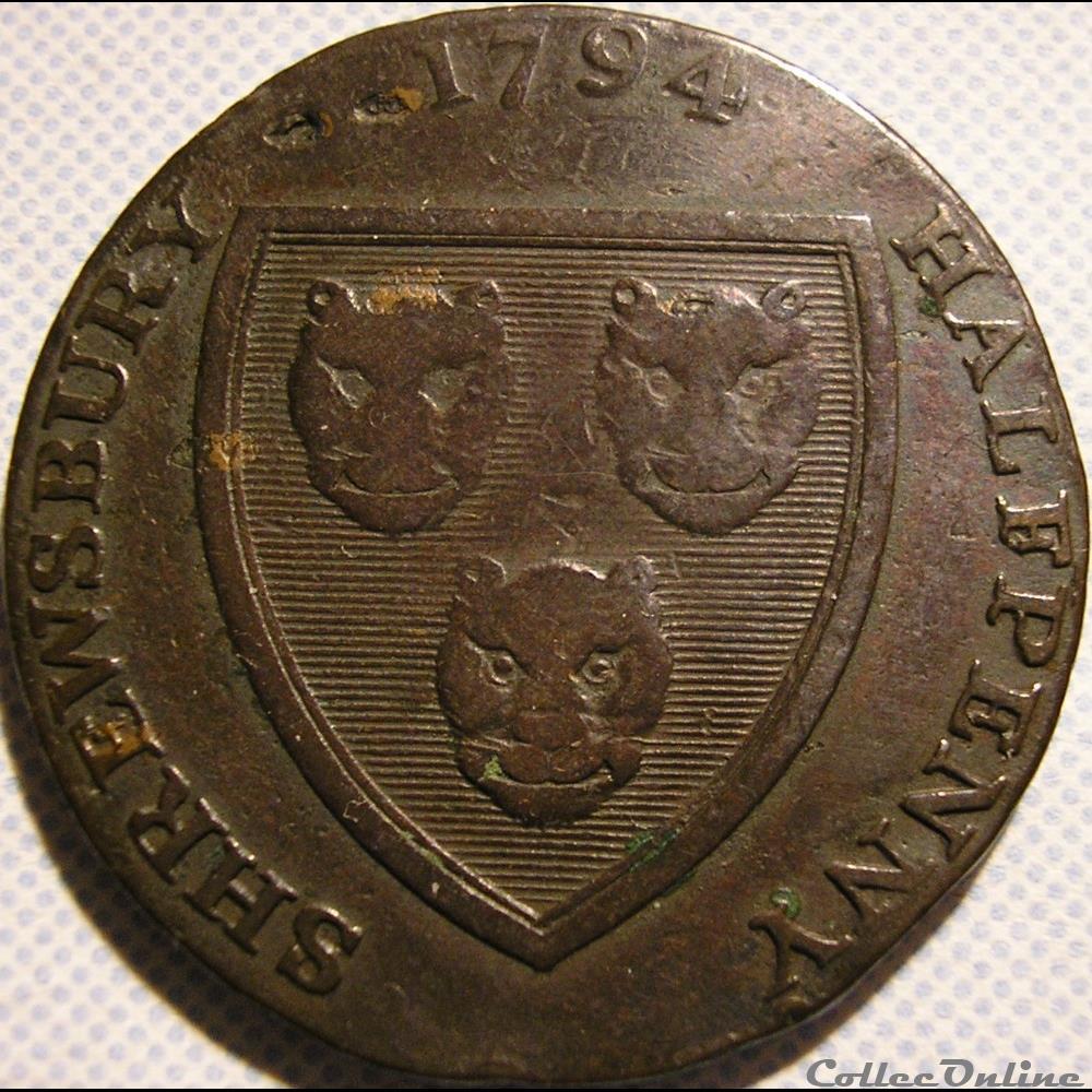 1794 HalfPenny - Shropshire, Shrewsbury / Woolpack monnaie monde royaume uni 1794 halfpenny shropshire shrewsbury woolpack