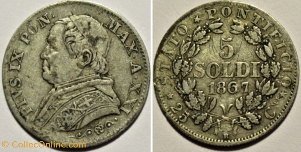 Pio IX, Pope - 5 Soldi 1867, Anno XXI - Vaticano monnaies monde pio ix pope 5 soldi 1867 anno xxi vaticano