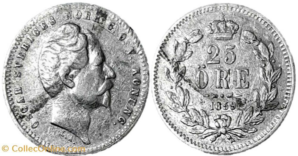 Sweden - Oscar I - 25 Öre 1859/8 - Overdate monnaies monde suede sweden oscar i 25 ore 1859 8 overdate