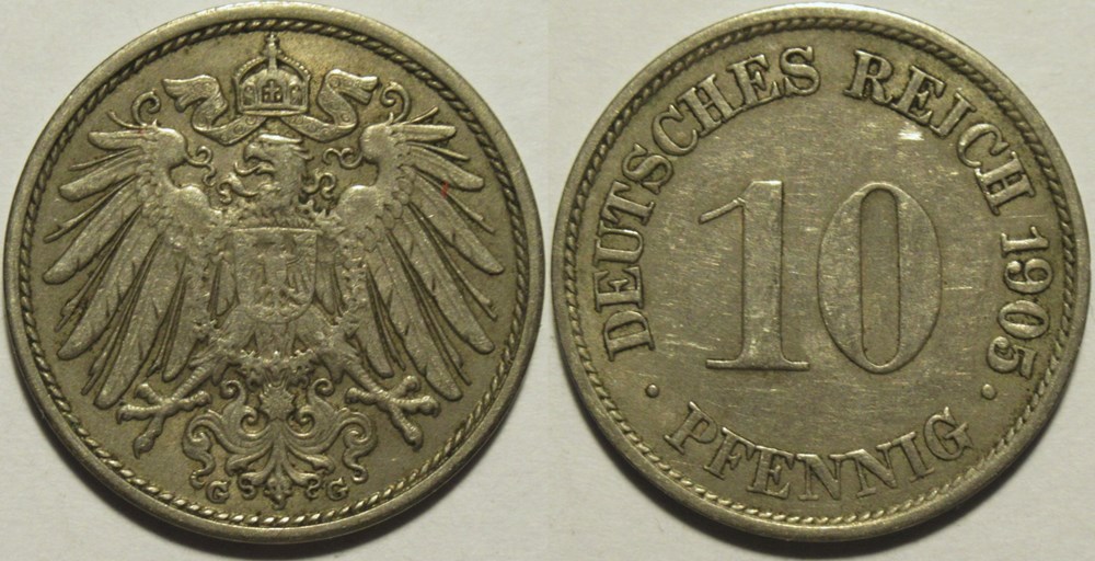 Wilhelm II - 10 Pfennige 1905, Karlsruhe - German Empire monnaies monde allemagne wilhelm ii 10 pfennige 1905 karlsruhe german empire