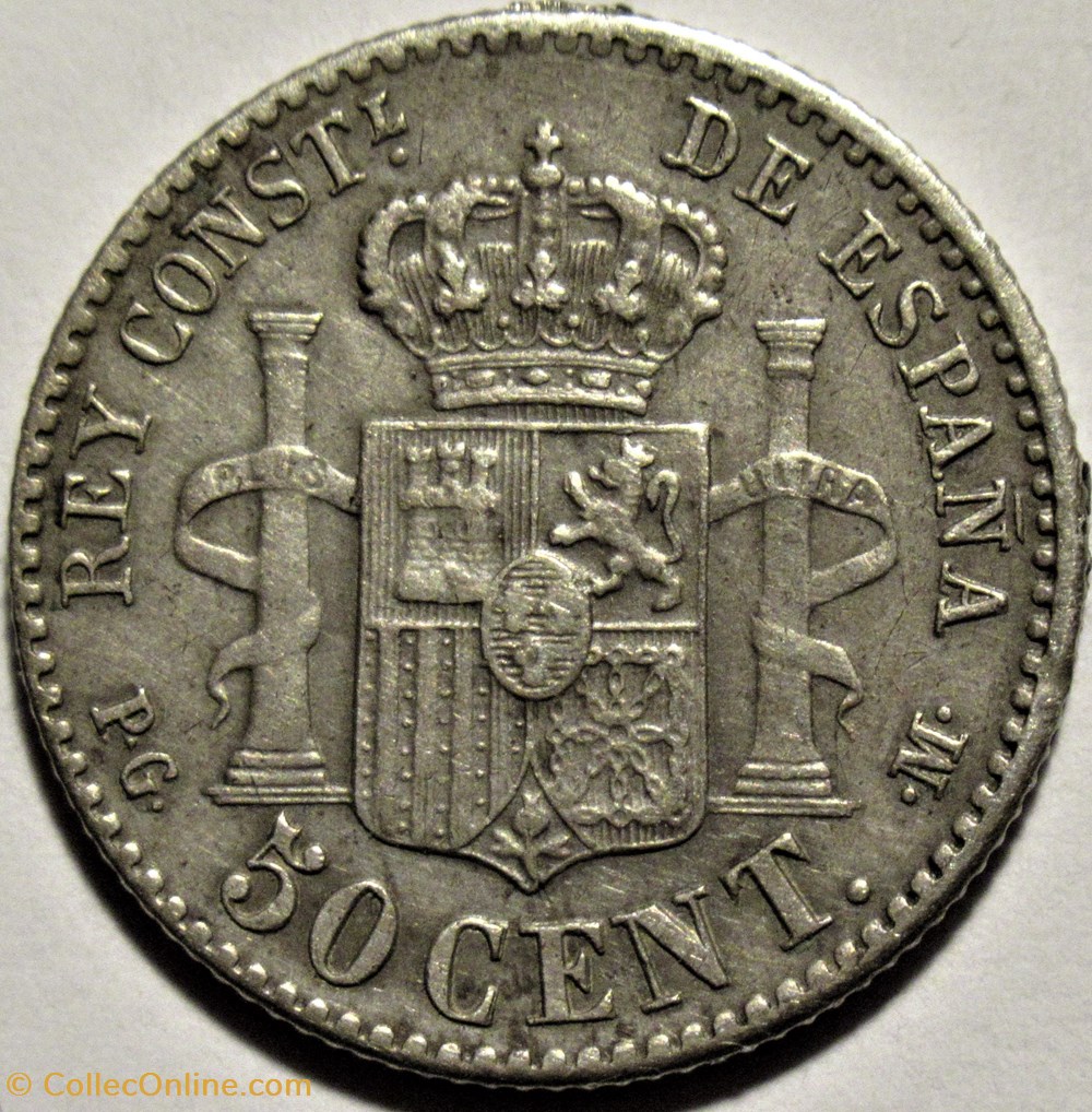 1892 - 50 Centimos - Alfonso XIII de España (ex.2) 3 monnaies monde espagne 1892 50 centimos alfonso xiii de espana ex 2