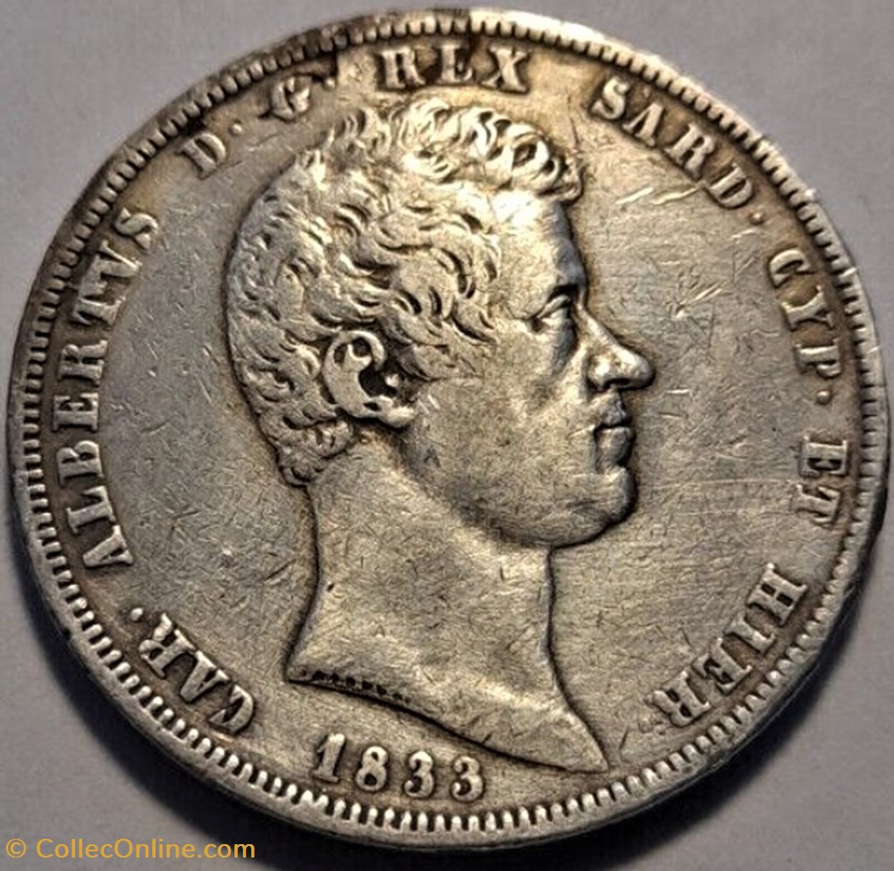 1833 Regno di Sardegna - 5 Lire, Genova - Carlo Alberto di Savoia monnaies monde italie 1833 regno di sardegna 5 lire genova carlo alberto di savoia