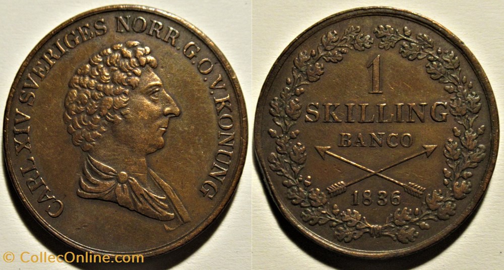 Sweden - Karl XIV Johan - 1 Skilling Banco 1836 monnaies monde suede sweden karl xiv johan 1 skilling banco 1836