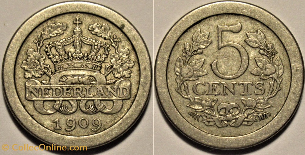 Wilhelmina of Nederland - 5 Cents 1909 monnaies monde pays bas wilhelmina of nederland 5 cents 1909