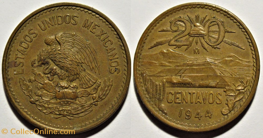 monnaies monde mexique mexico 20 centavos 1944 e u mexicanos