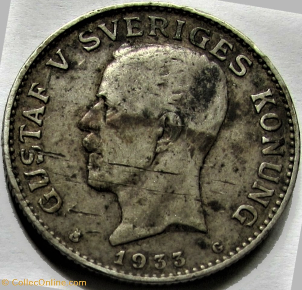 Gustaf V of Sweden - 1 Krona 1933 2 monnaies monde suede gustaf v of sweden 1 krona 1933
