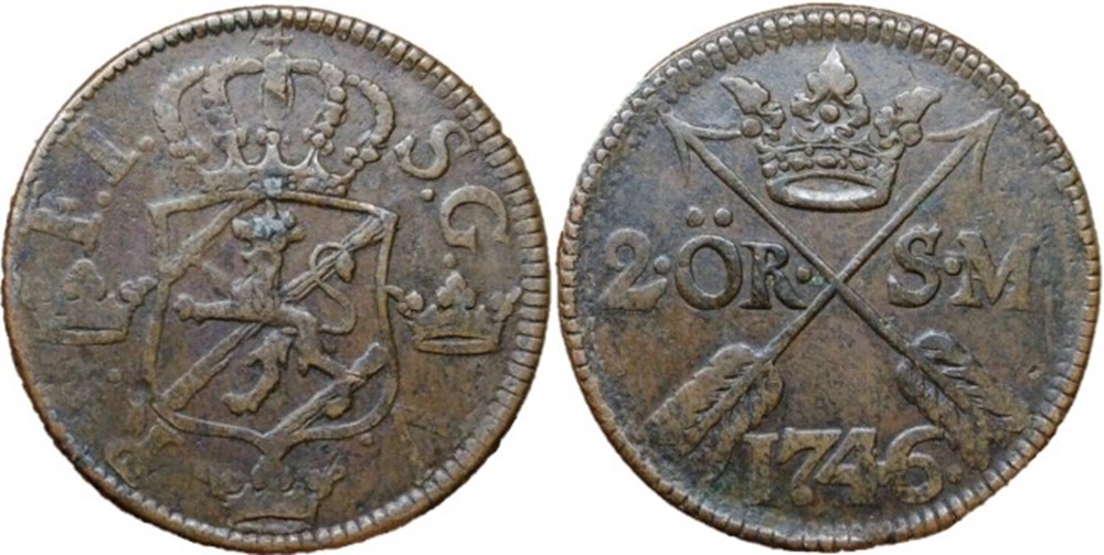 monnaies europe medievale royaume suede sweden king fredrik i 2 ore 1746 avesta 2ex