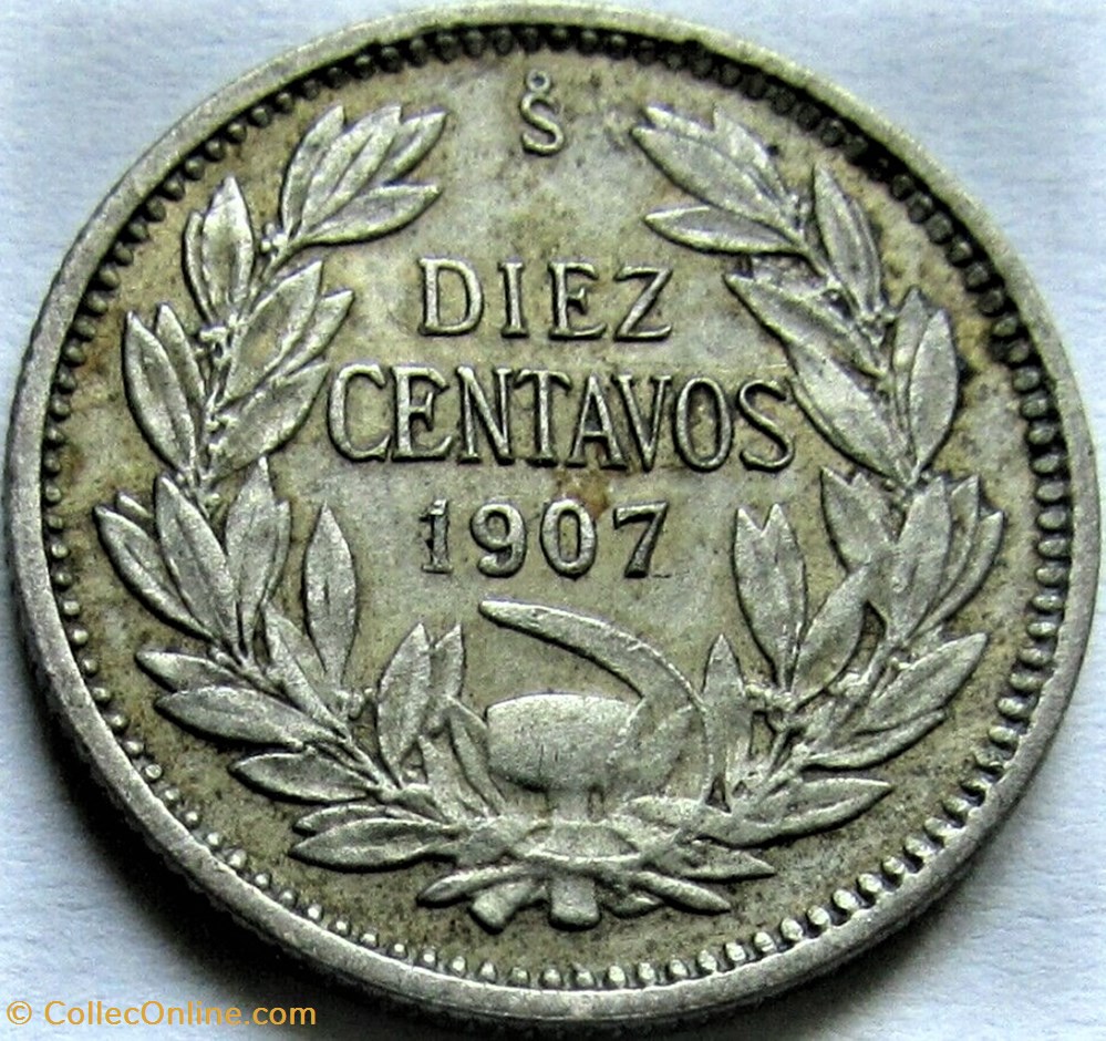 Chile - Diez Centavos 1907 Santiago 3 monnaies monde chili chile diez centavos 1907 santiago