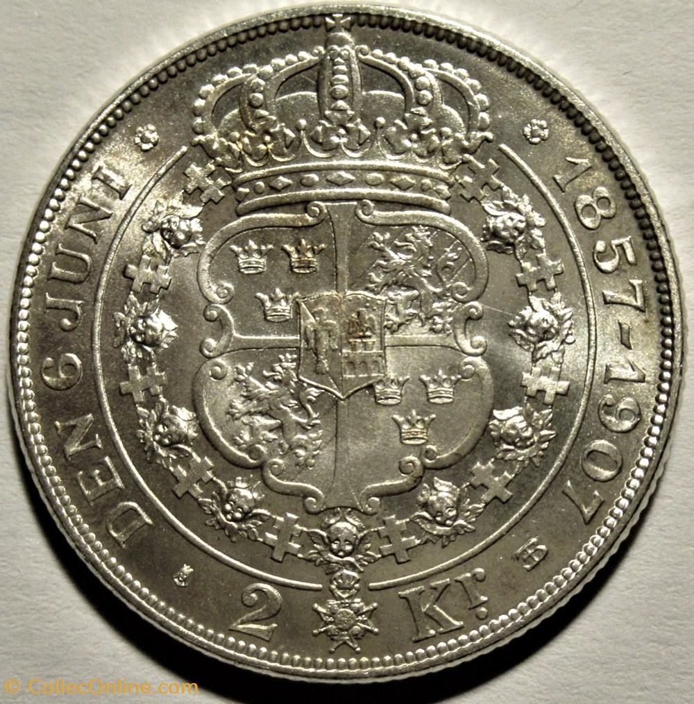 Oskar II of Sweden - 2 Kronor 1907 - Golden Wedding 3 monnaies monde suede oskar ii of sweden 2 kronor 1907 golden wedding