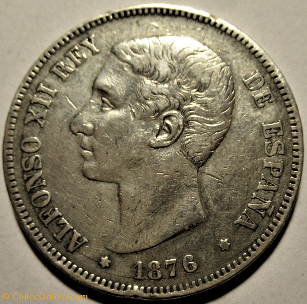 1876 - 5 Pesetas - Alfonso XII de España 2 monnaies monde espagne 1876 5 pesetas alfonso xii de espana