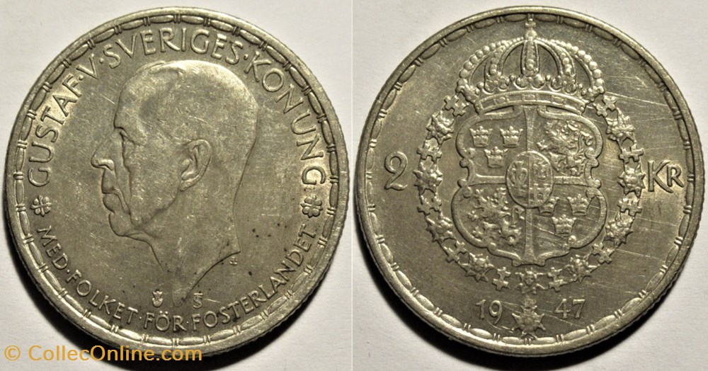Gustaf V of Sweden - 2 Kronor 1947 monnaies monde suede gustaf v of sweden 2 kronor 1947