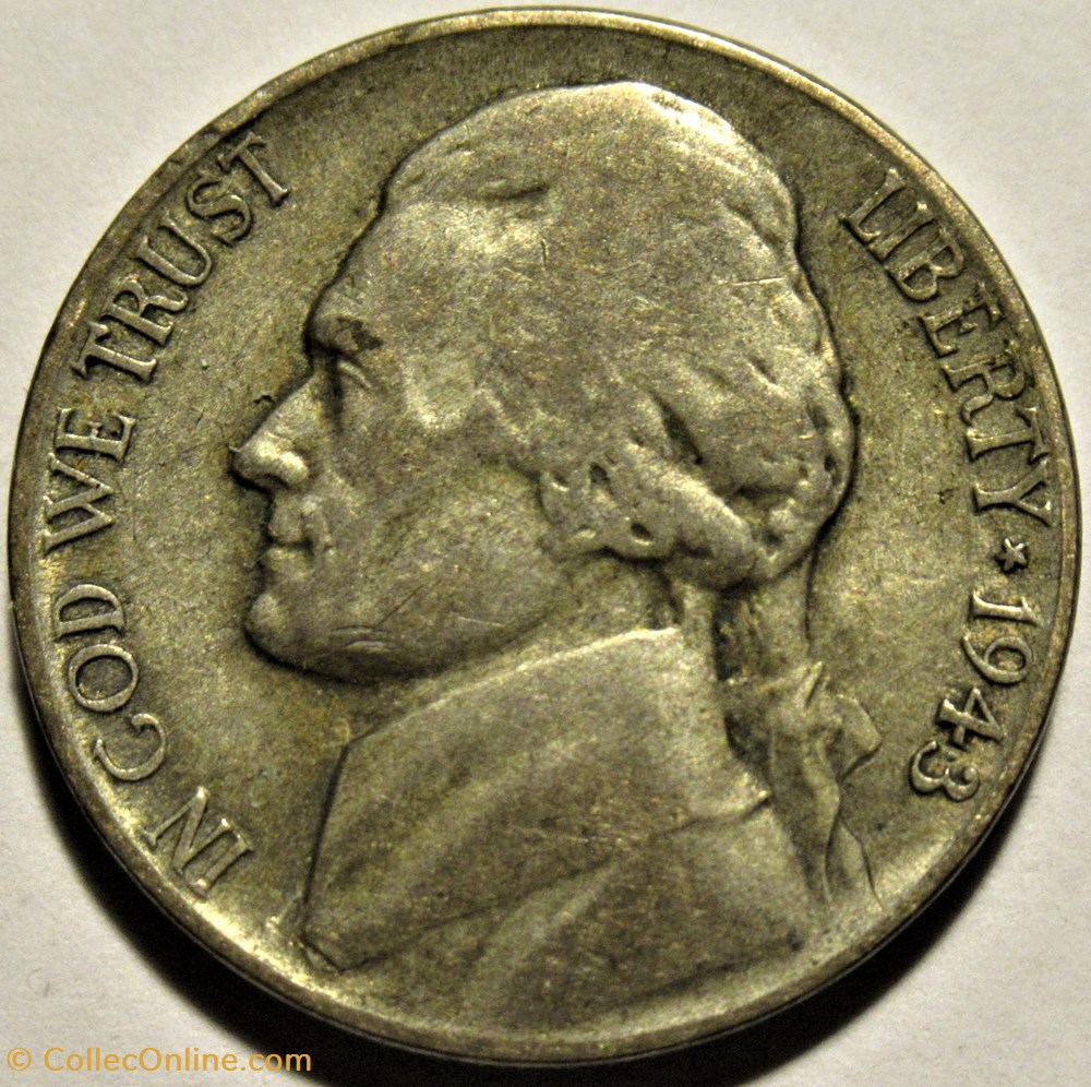 1943 Five Cents Phildelphia ("Jefferson Wartime Nickel", 1st Portrait) 2 monnaies monde etats unis 1943 five cents phildelphia jefferson wartime nickel 1st portrait