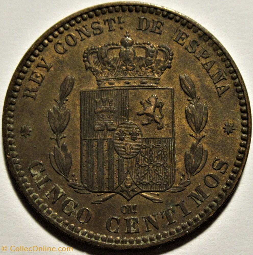 monnaies monde espagne 1877 barcelona 5 centimos alfonso xii de espana