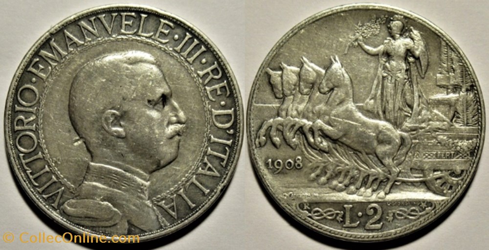1908 Royaume d'Italie, 2 Lire, Roma - Vittorio Emanuele II monnaies monde 1908 royaume italie 2 lire roma vittorio emanuele ii