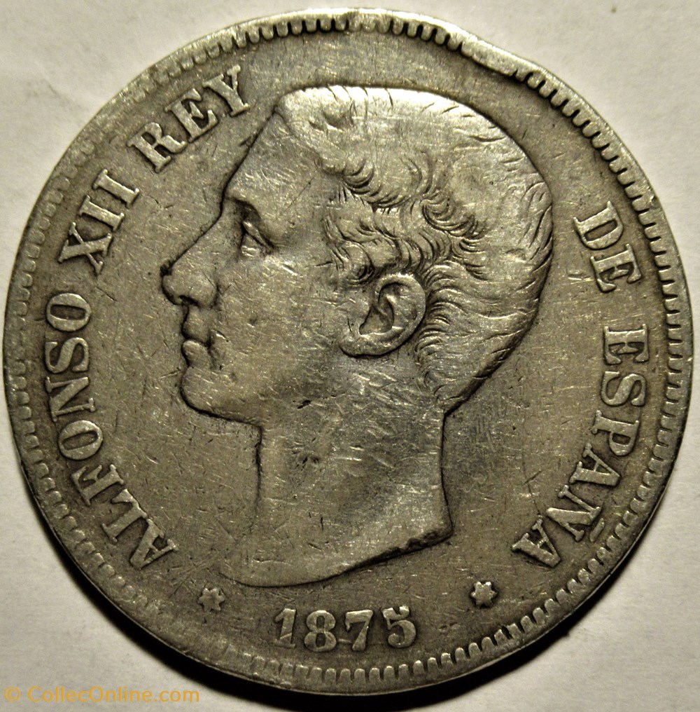 1875 - 5 Pesetas - Alfonso XII de España 2 monnaies monde espagne 1875 5 pesetas alfonso xii de espana
