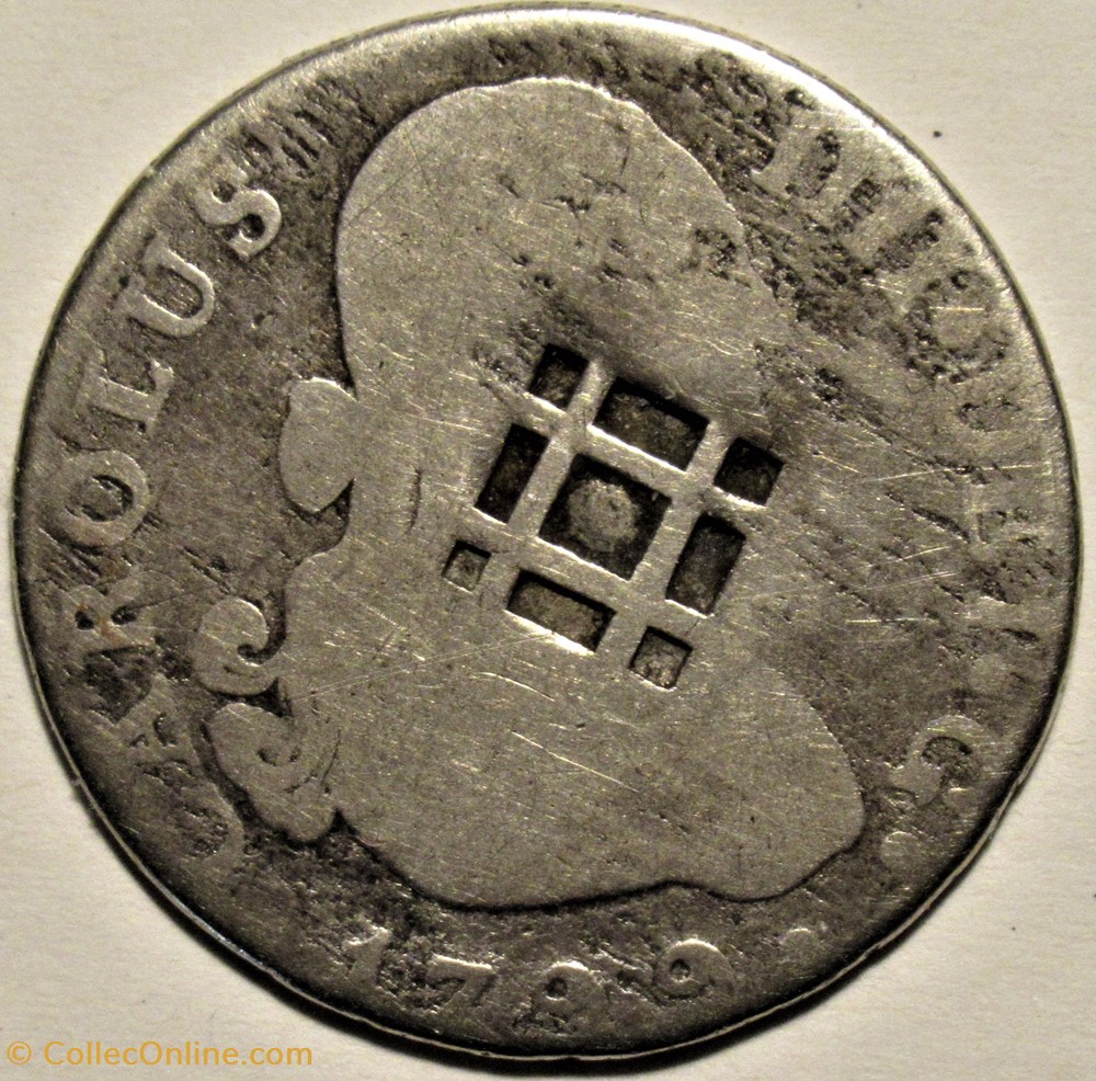 1799 - 2 Reales Sevilla - Carlos IV de España - Countermarked (Lattice, 1841) Cuba monnaies monde espagne 1799 2 reales sevilla carlos iv de espana countermarked lattice 1841 cuba