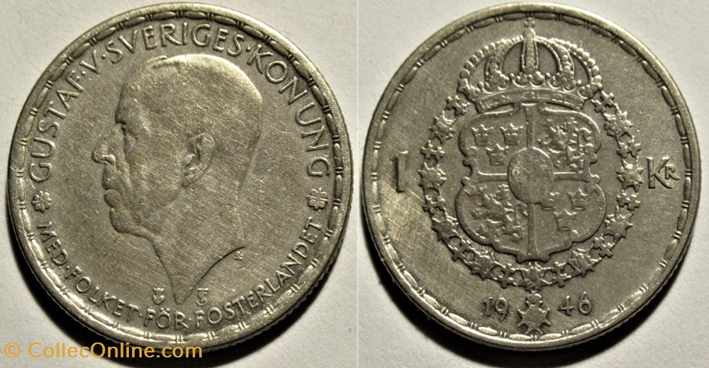 Gustaf V of Sweden - 1 Krona 1946 monnaies monde suede gustaf v of sweden 1 krona 1946