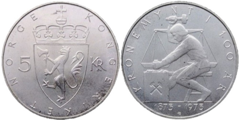 Olav V of Norway - 5 Kroner 1875-1975 - Krone Currency Anniversary monnaies monde norvege olav v of norway 5 kroner 1875 1975 krone currency anniversary