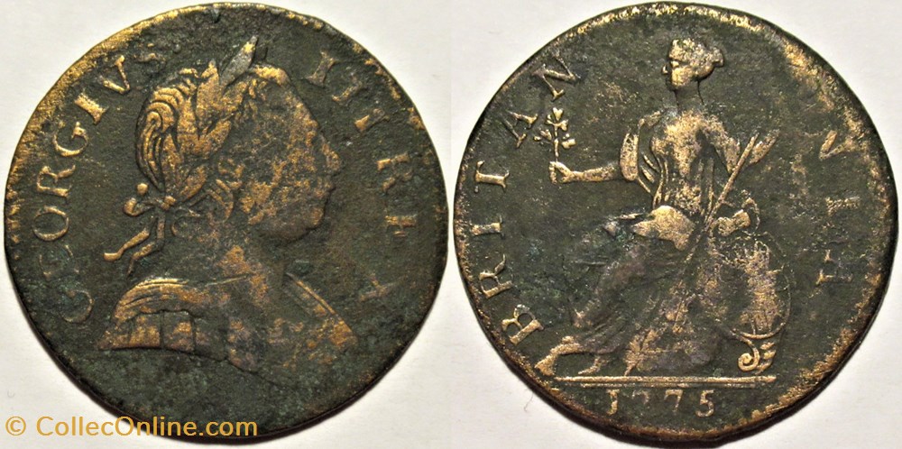 1775 Half Penny No Regal - George III of Great Britain (ex.19) monnaies monde etats unis 1775 half penny no regal george iii of great britain ex 19