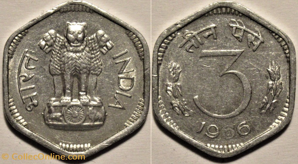 monnaies monde inde india 3 paise 1966 calcutta
