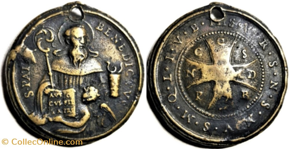 Sanctus Benedictus de Nursia - 16th. / 17th. - Exorcism and Protection Medal patrimoine religieux objets cultes sanctus benedictus de nursia 16th 17th exorcism and protection medal