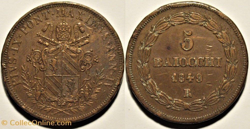 Pio IX, Pope - 5 Baiocchi 1849, Anno IV - Vaticano monnaies monde pio ix pope 5 baiocchi 1849 anno iv vaticano