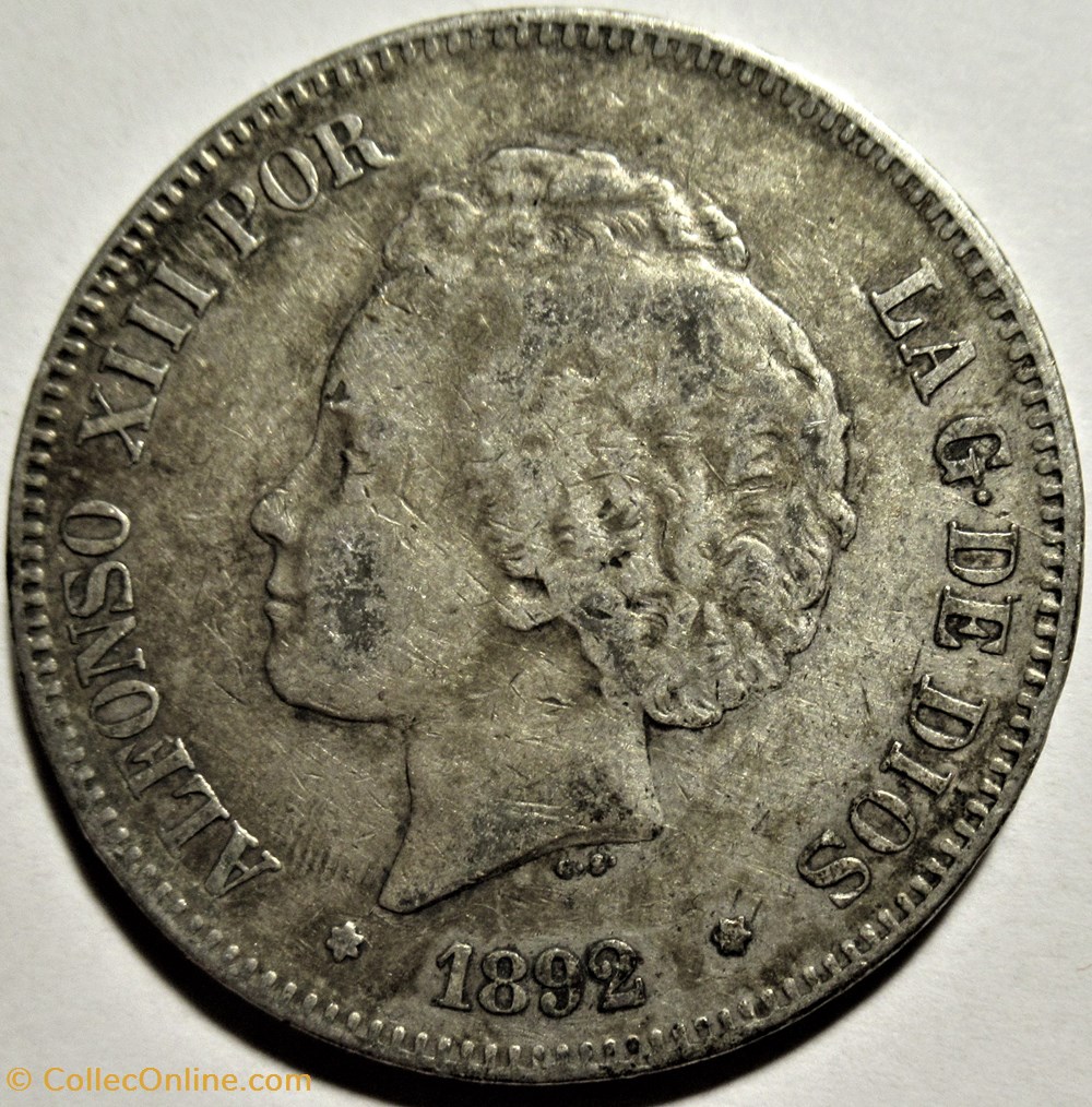 1892 - 5 Pesetas - Alfonso XIII de España 2 monnaies monde espagne 1892 5 pesetas alfonso xiii de espana
