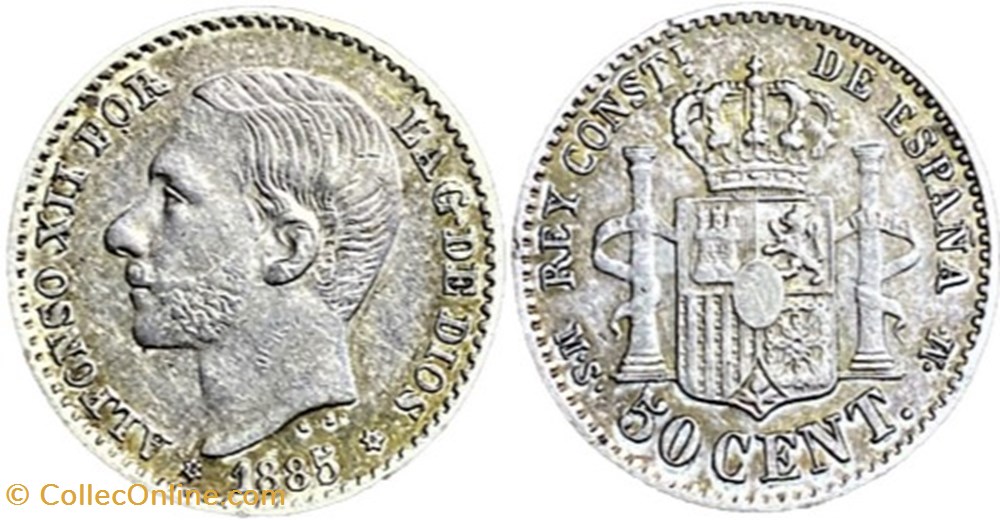 1885/1 - 50 Centimos - Alfonso XII de España (Overdate) monnaies monde espagne 1885 1 50 centimos alfonso xii de espana overdate