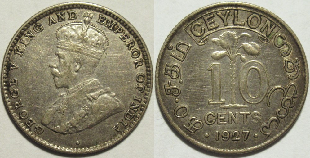 George V - 10 Cents 1927 - Ceylon, British Sri Lanka monnaies monde george v 10 cents 1927 ceylon british sri lanka