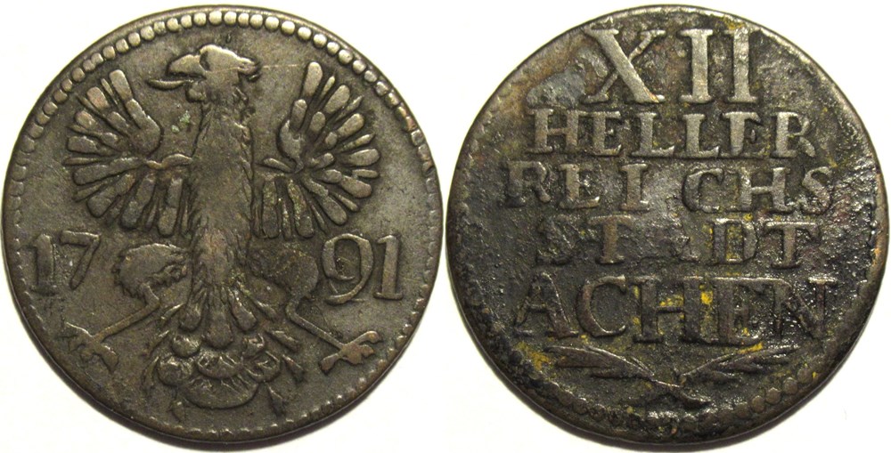 Aachen, Free imperial city - 12 Heller 1791 monnaies europe medievale saint empire romain germanique aachen free imperial city 12 heller 1791