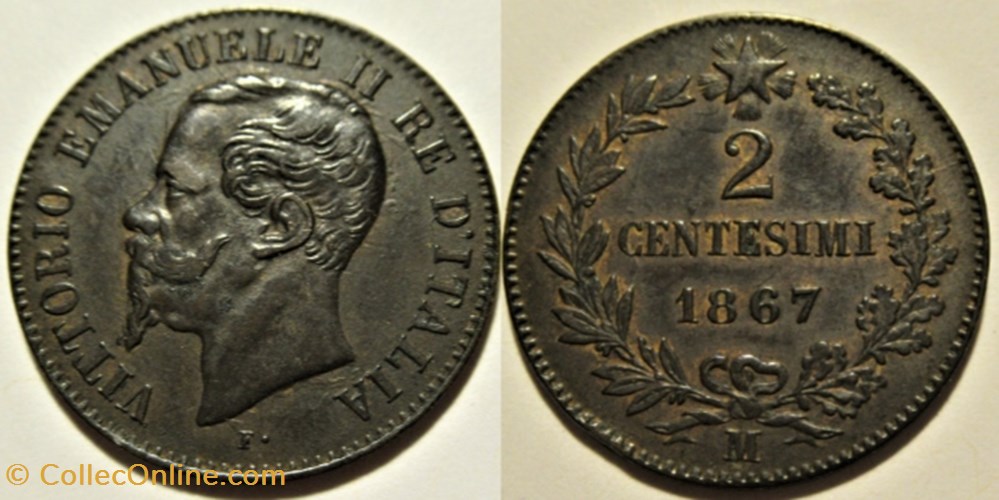 1867 Royaume d'Italie, 2 Centesimi, Milano - Vittorio Emanuele II (ex.3) Error monnaies monde 1867 royaume italie 2 centesimi milano vittorio emanuele ii ex 3 error