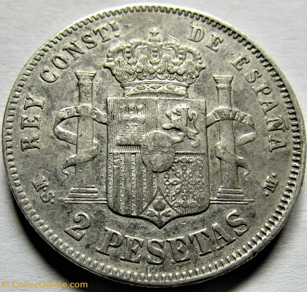 1884 - 2 Pesetas - Alfonso XII de España 3 monnaies monde espagne 1884 2 pesetas alfonso xii de espana