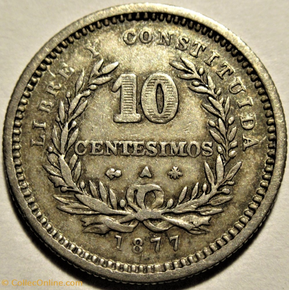 Uruguay - 10 Centesimos 1877 A 3 monnaies monde uruguay 10 centesimos 1877 a