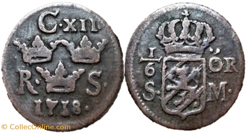 Sweden, Karl XII - 1/6 Öre 1718 - Overdate monnaies europe medievale royaume suede sweden karl xii 1 6 ore 1718 overdate