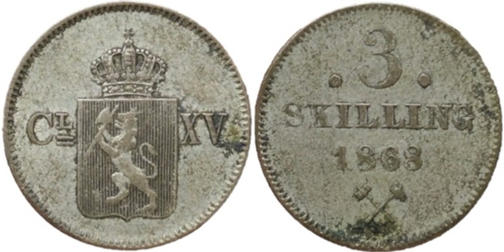 Norway - Carl XV of Sweden - 3 Skilling 1868 monnaies monde norvege norway carl xv of sweden 3 skilling 1868